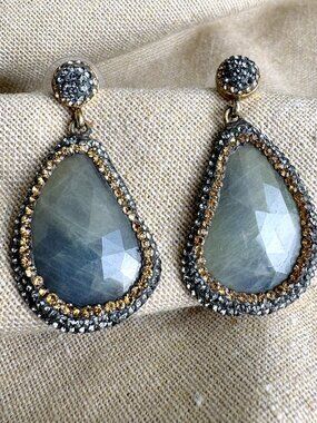 Sterling Silver Gray Chalcedony Dangle Earrings - Teardrop with Pavé Halo